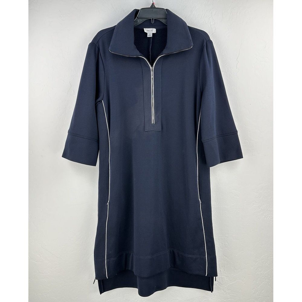 Per Se By Carlisle Womens Jacket Dress Size 12 Navy 3/4 Sleeve Athleisure FLAW